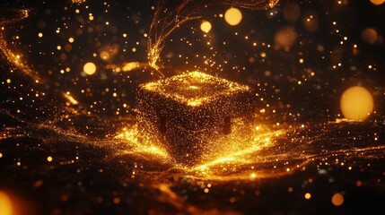 Naklejka premium A transparent glass treasure chest, golden light effect background