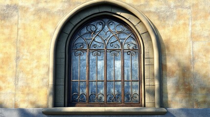 Obraz premium A classic decorative arch window with ironwork details in an old, rustic building