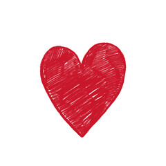 Wax crayon textured red hand drawn heart. Simple artistic drawing of heart symbol isolated on white background.