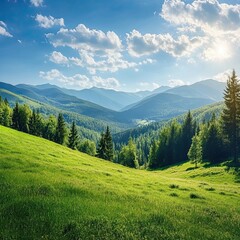 Fantastic scene of green meadows and forested mountain ranges in sunny weather. Location place Carpathians, Ukraine, Europe. Ecologically clean area. Photo wallpapers. Discovery the beauty of earth.