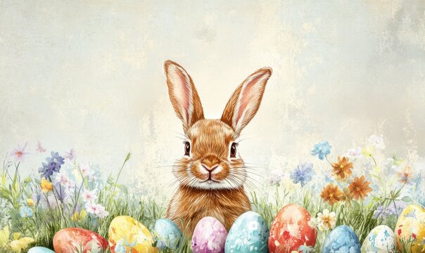 A cheerful bunny and colorful eggs, framed in a whimsical Easter holiday design with plenty of charm.