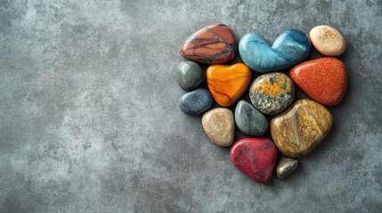 Naklejka premium A collection of polished river stones in vibrant colors forming a heart, lying on a smooth and minimalistic neutral surface.