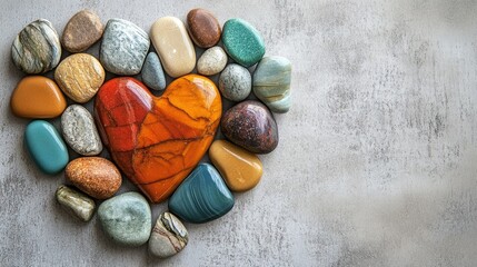 Naklejka premium A collection of polished river stones in vibrant colors forming a heart, lying on a smooth and minimalistic neutral surface.