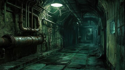 A creepy, abandoned tunnel with rusted pipes and low lighting, creating an unsettling industrial dungeon vibe