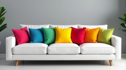 Modern White Sofa Adorned With a Series of Vibrant, Colorful Pillows Arranged in a Gradient Pattern.