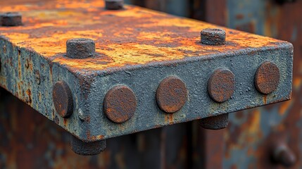 A weathered metal plate with rusty bolts showcasing a detailed texture of corrosion and decay, evoking a sense of age and industrial history.