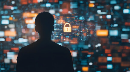 A person silhouetted against a large digital screen filled with overlapping data streams, graphs, and encrypted symbols. The central focus is a holographic padlock surrounded by glowing circuitry,