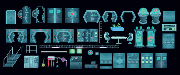 Spaceship interior, laboratory set. Large constructor, elements for interior design of a space laboratory in cartoon styleVector illustration. © NADEZHDA