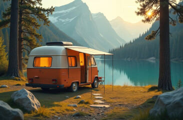 Retro camper van is parked by lake. Sun is setting behind mountains, casting warm glow over scene. Camper van is surrounded by trees, and water is calm and serene.