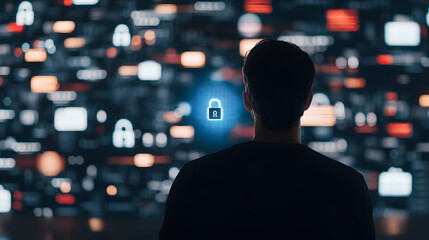 A person silhouetted against a large digital screen filled with overlapping data streams, graphs, and encrypted symbols. The central focus is a holographic padlock surrounded by glowing circuitry,