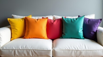 Modern White Sofa Adorned With a Series of Vibrant, Colorful Pillows Arranged in a Gradient Pattern.