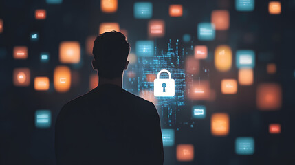 A person silhouetted against a large digital screen filled with overlapping data streams, graphs, and encrypted symbols. The central focus is a holographic padlock surrounded by glowing circuitry,