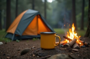 Vacation nature in forest. Yellow tourist cup of hot coffee stands on ground near fire near camping tent in forest.