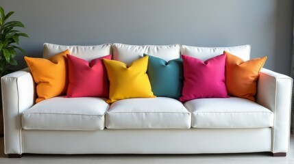 Modern White Sofa Adorned With a Series of Vibrant, Colorful Pillows Arranged in a Gradient Pattern.