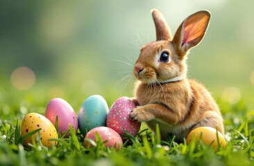 Easter bunny and multi colored Easter eggs on green grass meadow. Easter spring greeting card. Easter rabbit and easter eggs background with copy space.