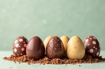 Easter chocolate eggs background. Easter greeting card. Easter chocolate eggs wallpaper for Easter holiday.