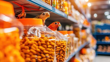 Colorful parrots peek from jars of bird food in a well-stocked pet store aisle, showcasing vibrant products for avian companions.
