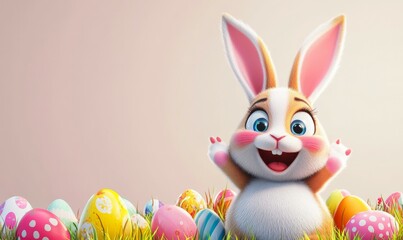 A cute and colorful Easter bunny with expressive features and vibrant eggs on a festive banner layout.