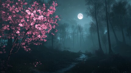 Moonlit forest path, blooming tree, nighttime stream.