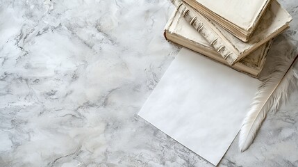 Antique Books, Blank Paper, and Quill Pen on Marble: A Still Life of Literary Nostalgia