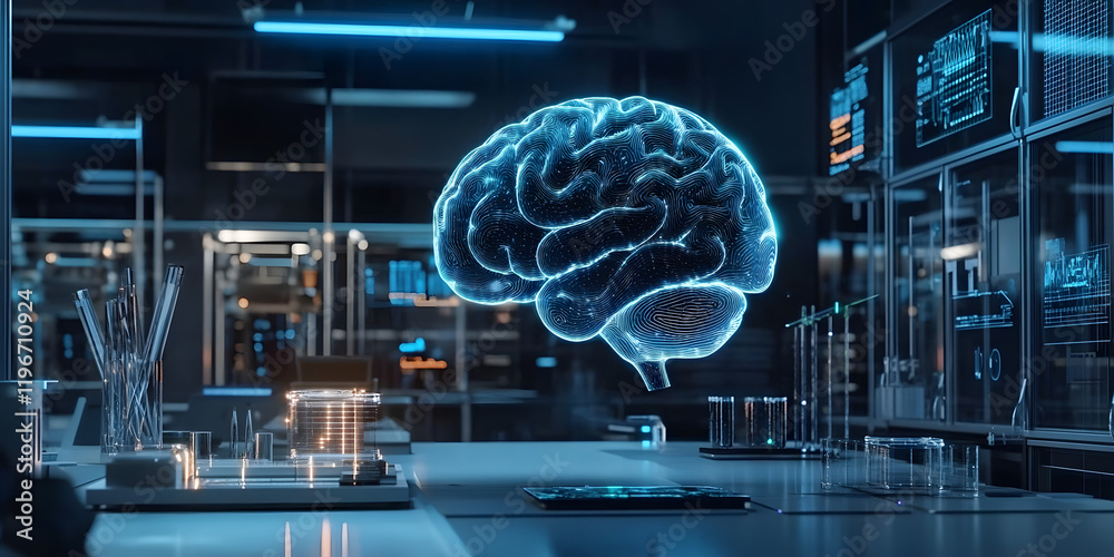 Wall mural artificial intelligence brain in factory lab for futuristic research, technology innovation and mach