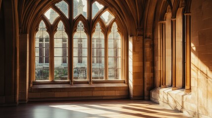 Obraz premium A grand arch window with artistic stonework in a historic building, softly lit by the afternoon sun