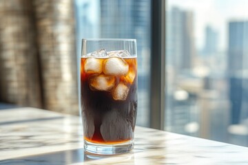 Chilled beverage with ice captures refreshing essence against ur