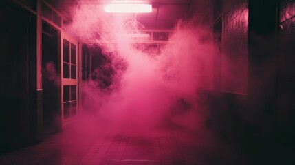Naklejka premium Pink smoke fills hallway; doors, ceiling light.