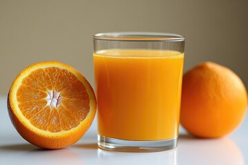Bright orange juice in glass, fresh oranges nearby, vibrant and
