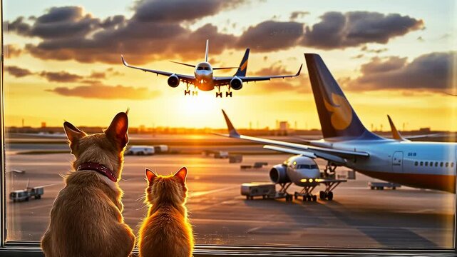 Two pets watching plane airport.Cat and dog viewing sunset together.terminal evening hours.Golden ignites horizon.Companionship unlikely friendships blossoms.Travel leisure animal's view.