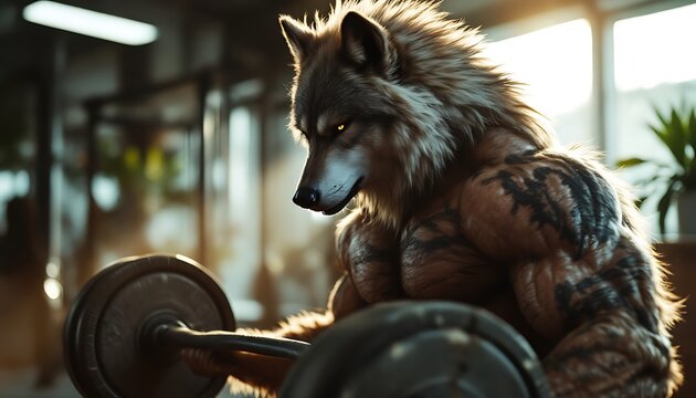 Muscular Wolf Anthro Weightlifting Gym Dramatic Lighting