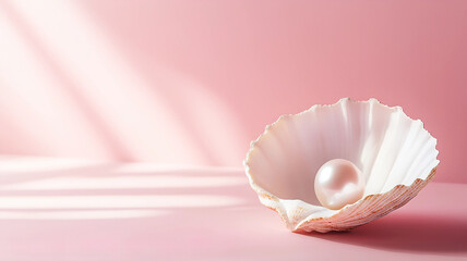 Seashell with a Gleaming Pearl on Soft Pink Background &ndash; Minimalist and Artistic Design for Modern Concepts