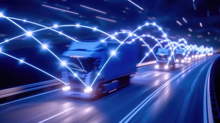 Networked trucks with digital light trails at night. Future of logistics and transportation innovation.