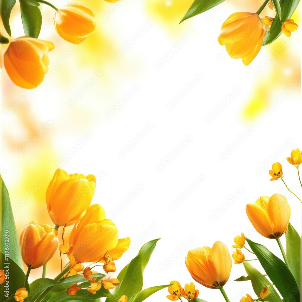 Leinwandbilder Bright yellow tulips frame an empty space for text in a springtime setting with vibrant sunlight. Generative AI