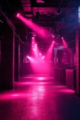 Pink-lit hallway, brick walls, stage lighting.