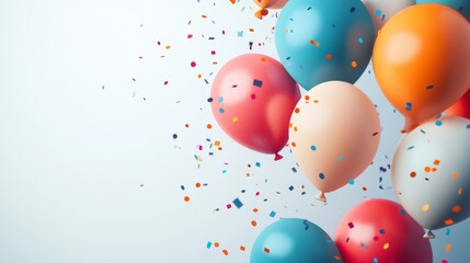 Floating celebration balloons arrangement, multicolored latex balloons, falling paper confetti pieces, cheerful party decoration, clean white space, modern festive design