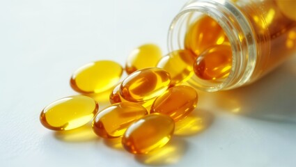 Omega 3 capsules on light background. Yellow capsules lie on white table. Vitamins D, Vitamin A, fish oil. Health prevention. Medicine. Close-up