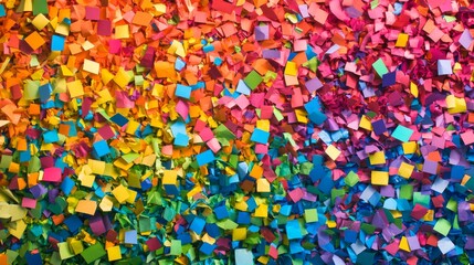 Obraz premium Explosive celebration confetti pattern, cascading paper squares, saturated rainbow palette, dense paper texture, multidimensional party background, chaotic festive arrangement, rich celebratory