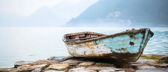 Lonely boat resting on rocky shore with calm water and misty mountains in background, symbolizing solitude, travel, and natures tranquility at dawn.