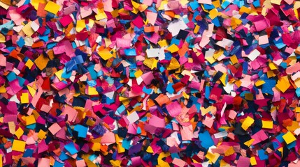 Abstract confetti art composition, layered paper geometry, intense multicolored fragments, rich celebration texture, dynamic party pattern, overlapping square elements, vibrant festive background,