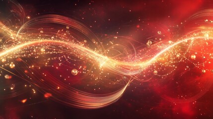 Obraz premium Mystical red cosmos design, drifting golden sparkles, floating luminous orbs, deep ruby atmospheric lighting, enchanted particle trails, sophisticated celebration background, ethereal light streams,