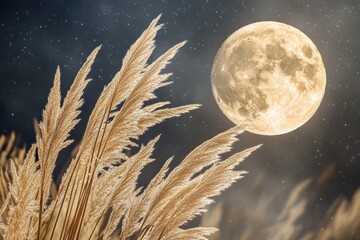 Fototapeta premium Moonlit night scene with golden grasses swaying in the breeze against a bright full moon, creating a serene atmosphere in nature and landscape photography.