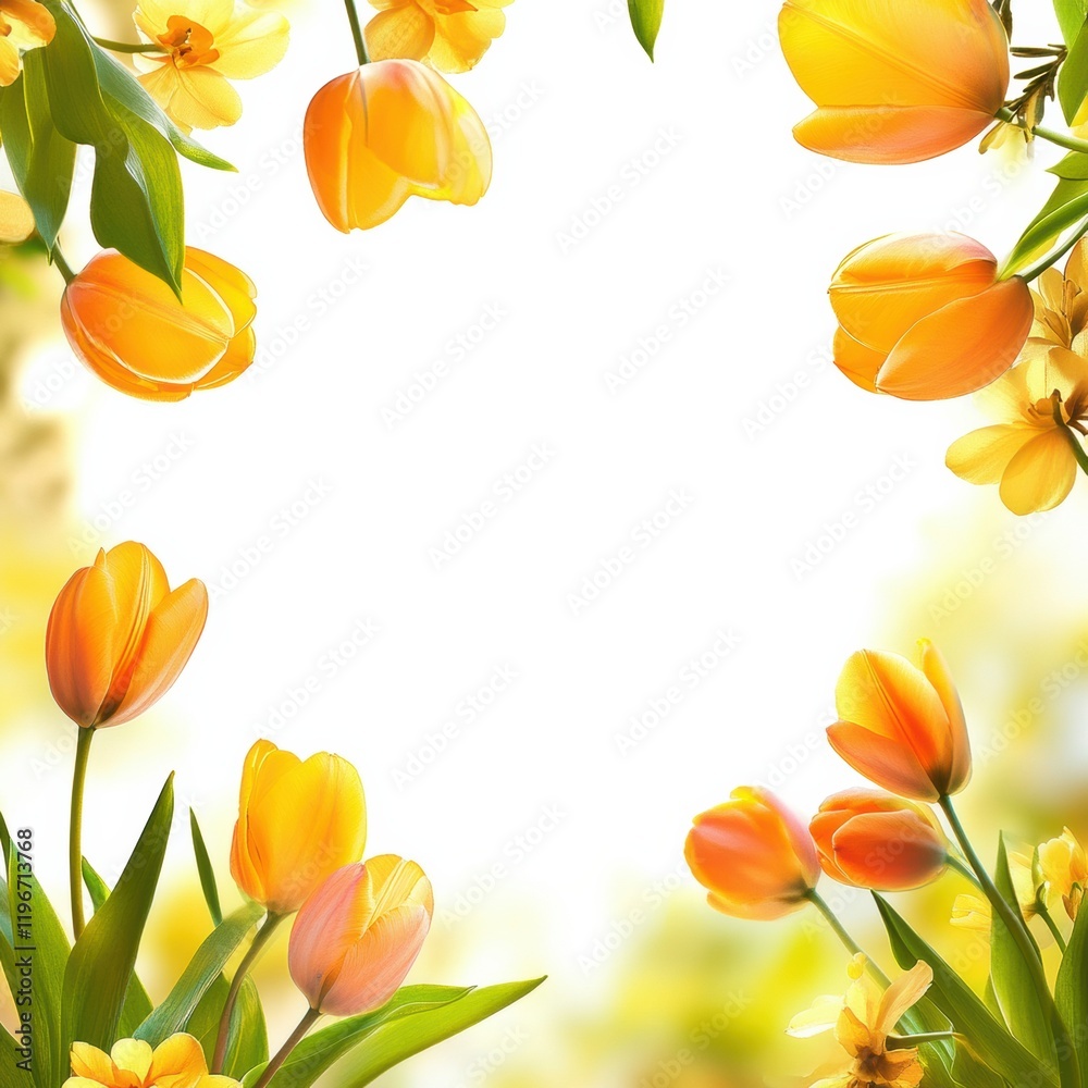 Poster bright yellow tulips and flowers creating a vibrant border with plenty of space for text, perfect fo