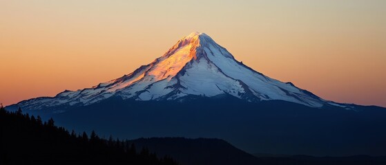 Mount Hood at sunset with snow-capped peak, vibrant colors in the sky, natural landscape, outdoor adventure, travel destination, Oregon, scenic beauty.