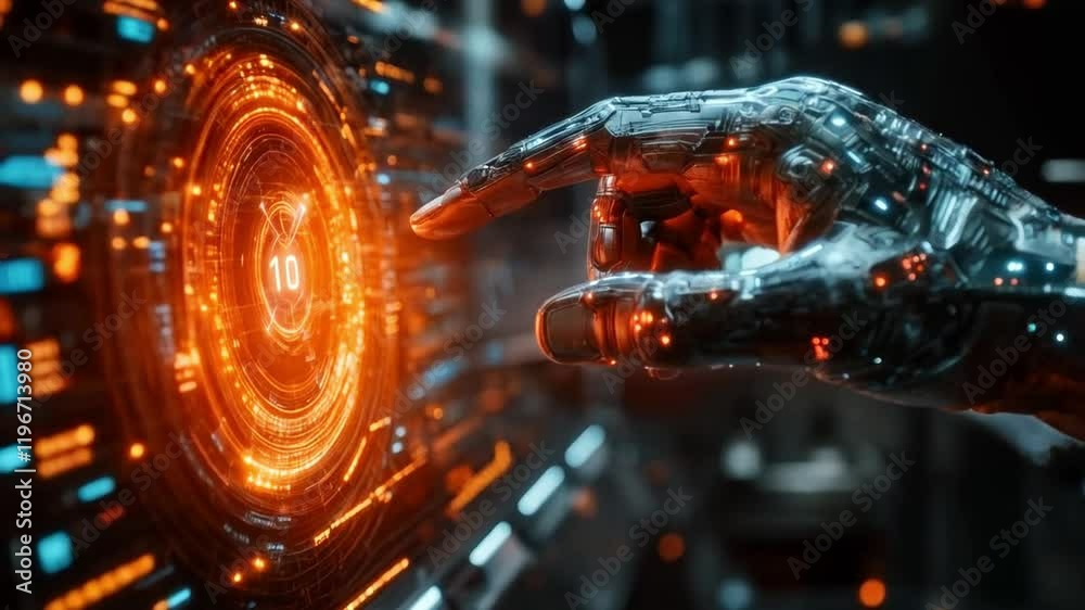 Poster A futuristic robotic hand interacts with a high-tech cyber defense interface displaying vibrant orange graphics. The setting suggests advanced technology, emphasizing security and innovation.