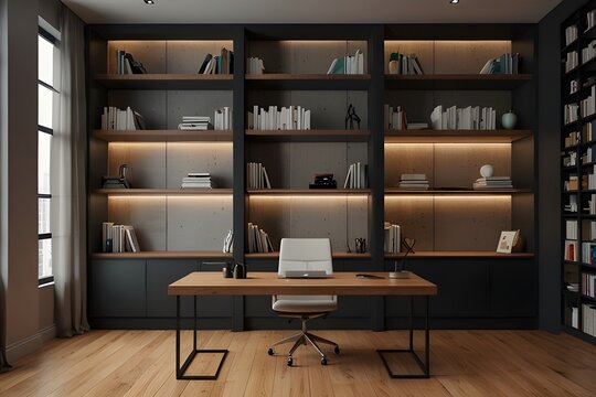 zoom virtual background of office room with bookcase professional remote work setup Generative AI