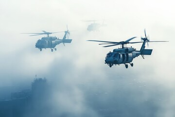 Fototapeta premium Helicopters Flying Through Thick Fog Over a Cityscape, Showcasing Aeronautical Precision and Nature's Element in a Dramatic Atmosphere