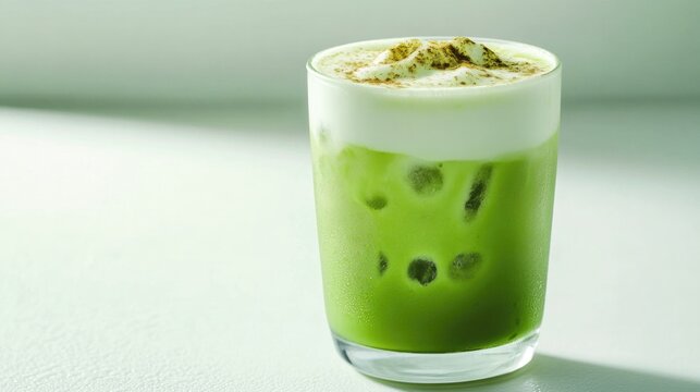 Creamy green beverage topped with frothy foam, showcasing refres