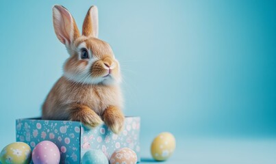 A cheerful Easter rabbit sitting in a decorative gift box with pastel eggs nearby, isolated on blue.