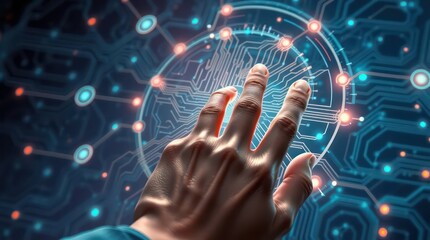 Fototapeta premium Hand Touching a Futuristic Network Interface with Digital Connections Wallpaper Background
